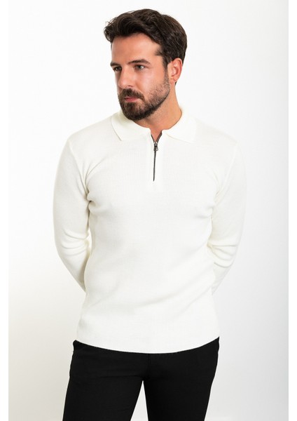 Düz Ekru Slim Fit Fermuarlı Polo Yaka Erkek Triko Kazak