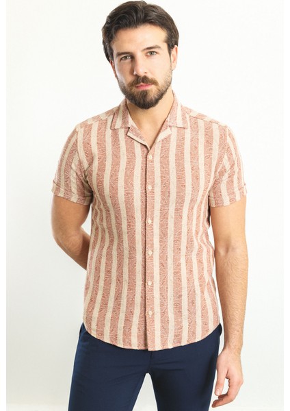 Çizgili Kiremit Rengi Slim Fit Apaç Yaka Kısa Kollu Erkek Gömlek
