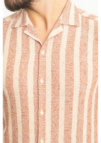 Çizgili Kiremit Rengi Slim Fit Apaç Yaka Kısa Kollu Erkek Gömlek fiyatları