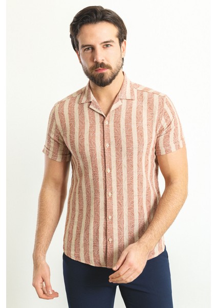 Çizgili Kiremit Rengi Slim Fit Apaç Yaka Kısa Kollu Erkek Gömlek modelleri