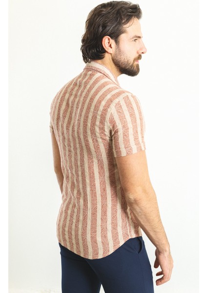Çizgili Kiremit Rengi Slim Fit Apaç Yaka Kısa Kollu Erkek Gömlek fırsatları