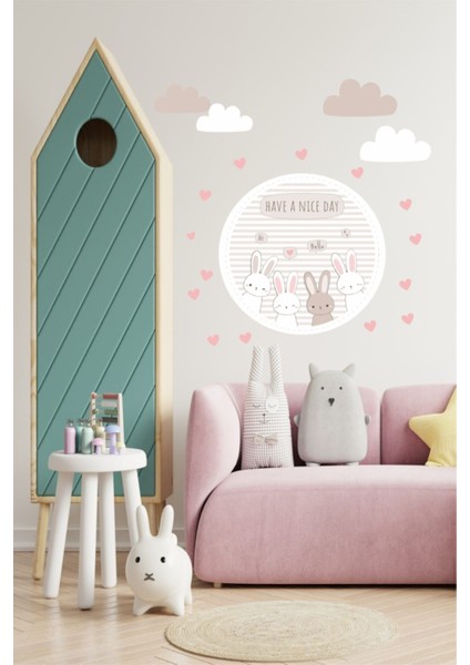 Renkli Tavşanlar Kalpli Duvar Stickerleri, Çocuk ve Bebek Odası Dekoru