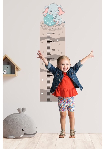 Renkli ve eğlenceli çocuk odası fil temalı duvar ölçer sticker
