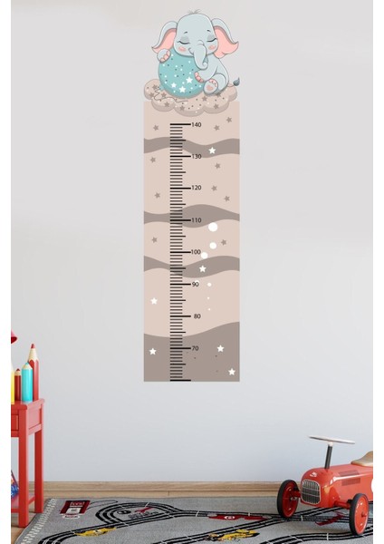 Renkli ve eğlenceli çocuk odası fil temalı duvar ölçer sticker modelleri