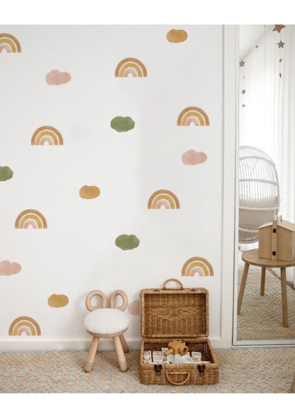 Renkli gökkuşağı ve bulutlar çocuk odası duvar stickerı, neşeli dekorasyon.