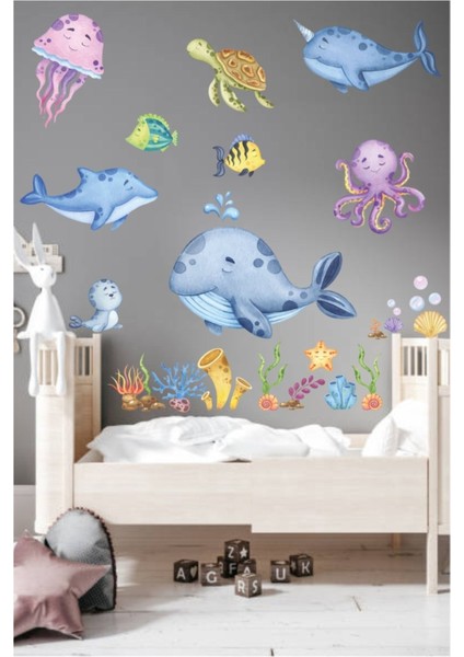 Mavi Deniz Canlıları Çocuk Odası Duvar Stickerleri, Renkli ve Düz Desenli