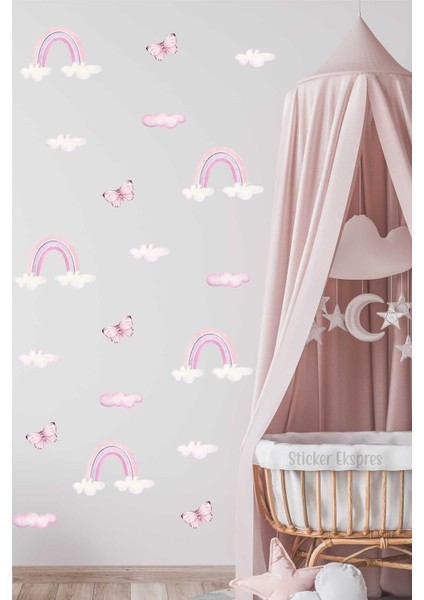 Renkli gökkuşağı ve kelebek temalı çocuk odası duvar çıkartması, 5+ parça, eğlenceli dekorasyon