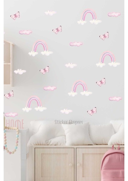 Renkli gökkuşağı ve kelebek temalı çocuk odası duvar çıkartması, 5+ parça, eğlenceli dekorasyon fiyatları