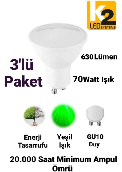 7W GU10 LED Ampul Yeşil Işık 630 Lümen Spot Ampul 220 Volt