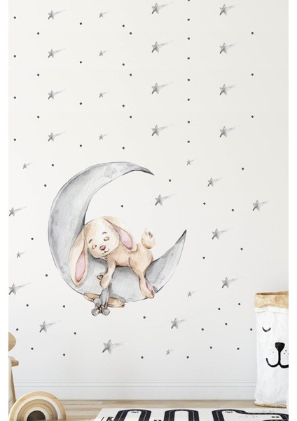 Uykucu Tavşancık Yıldızlar ve Puantiyeler Çocuk ve Bebek Odası Duvar Sticker Seti