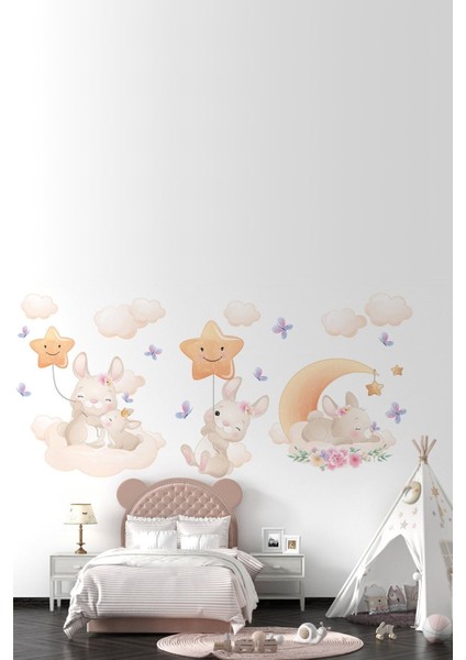 Renkli Tavşanlar, Kelebekler ve Bulutlar Çocuk Odası Duvar Sticker Seti, 5+ Parça
