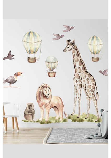 Renkli büyük boy hayvan ve hava balonları duvar sticker seti, çocuk odası dekoru