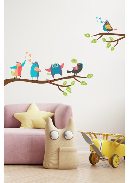 Renkli Kuşlar ve Ağaçlar Dekoratif Duvar Sticker, Çocuk Odası Süsleme, Ekru, 1 Parça