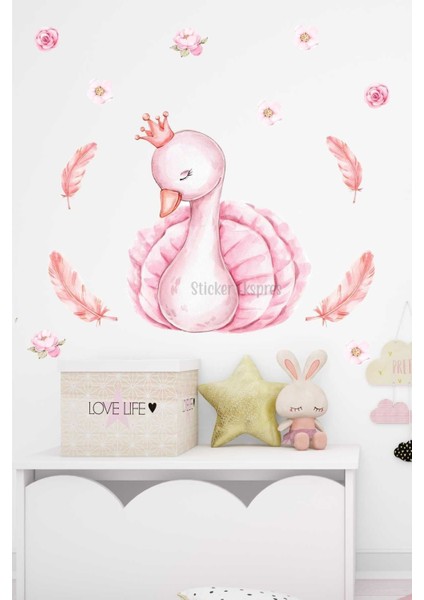 Zarif Kuğu ve Çiçekler Çocuk Odası Duvar Sticker Seti