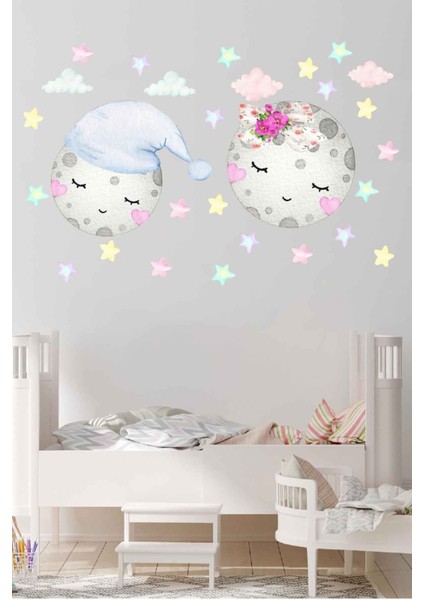 Düşler Gecesi Uyuyan Ay Bulut ve Yıldızlar Çocuk ve Bebek Odası Duvar Sticker Seti