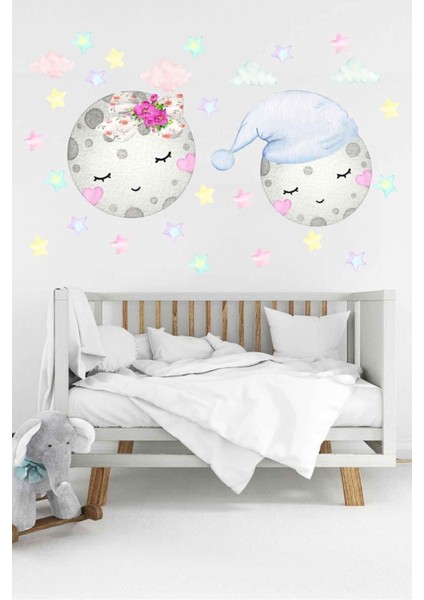 Düşler Gecesi Uyuyan Ay Bulut ve Yıldızlar Çocuk ve Bebek Odası Duvar Sticker Seti fiyatları