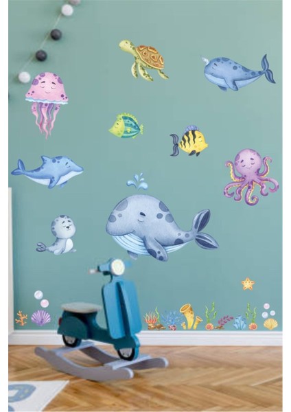 Mavi Deniz Canlıları Çocuk Odası Duvar Stickerleri, Renkli ve Düz Desenli fiyatları