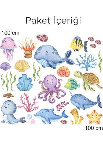 Mavi Deniz Canlıları Çocuk Odası Duvar Stickerleri, Renkli ve Düz Desenli fırsatları