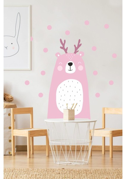 Sevimli Ayı Çocuk Odası Duvar Sticker, Pembe, Renkli ve Eğlenceli Tasarım