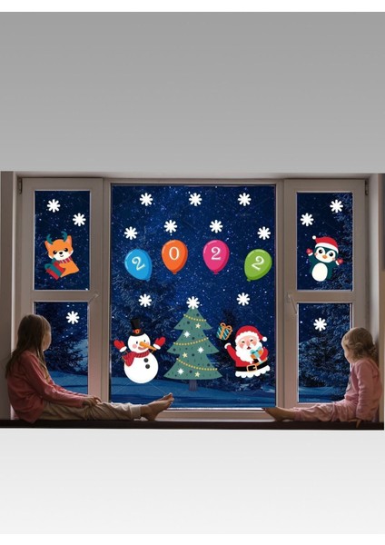 Renkli Noel Baba ve Kardan Adam Cam Duvar Stickerleri, Yılbaşı Temalı Dekorasyon, Çok Renkli