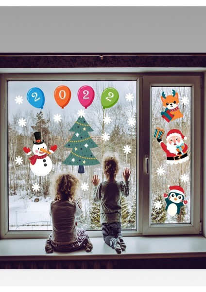 Renkli Noel Baba ve Kardan Adam Cam Duvar Stickerleri, Yılbaşı Temalı Dekorasyon, Çok Renkli fiyatları