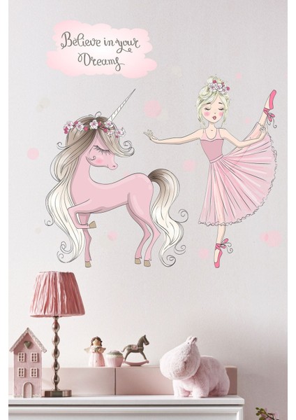 Çocuk Odası Renkli Dekoratif Stickerler, Balerin ve Unicorn Temalı, 1 parça