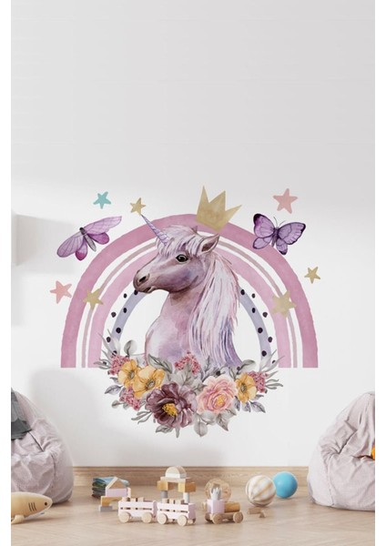 Pembe Unicorn Temalı Kız ve Bebek Odası Duvar Sticker Seti, 5+ Parça, Düz Desen