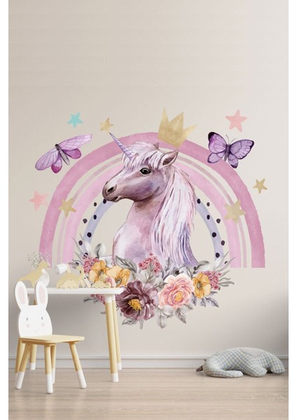 Pembe Unicorn Temalı Kız ve Bebek Odası Duvar Sticker Seti, 5+ Parça, Düz Desen fiyatları