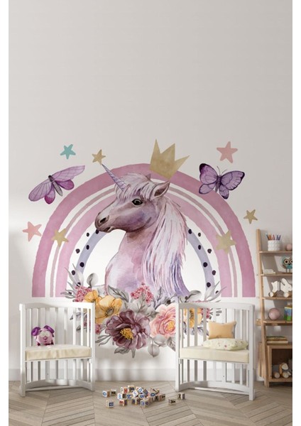 Pembe Unicorn Temalı Kız ve Bebek Odası Duvar Sticker Seti, 5+ Parça, Düz Desen modelleri