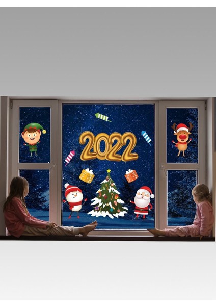 Renkli Yılbaşı Ağacı ve Noel Figürleri Cam Duvar Sticker Seti, Çocuk Odası Dekorasyonu fiyatları