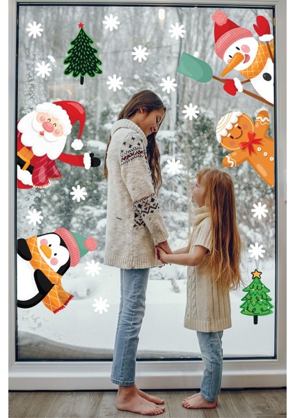 Yılbaşı Temalı Renkli Cam Sticker Seti, Çocuk Odası Dekoru, Çok Renkli, Düz Desen