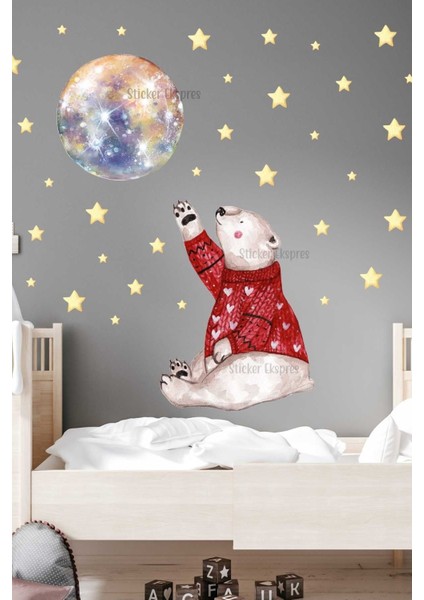 Renkli Ayı ve Yıldızlar Duvar Sticker Seti, Çocuk Odası Dekoru, 5+ Parça, Çok Renkli