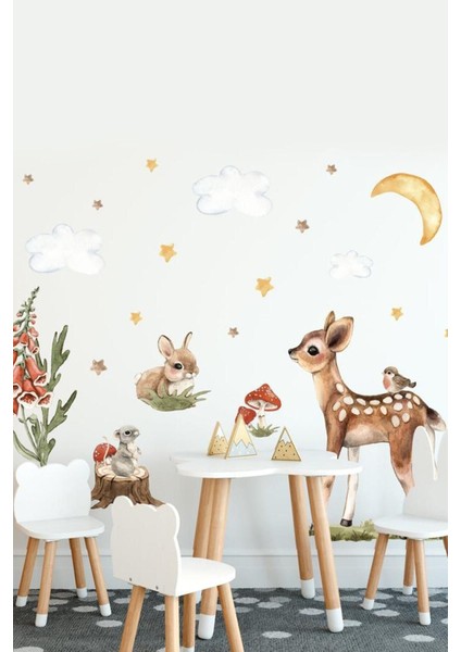 Renkli Orman Temalı Çocuk Odası Duvar Stickerı, neşeli ve canlı dekorasyon için ideal!