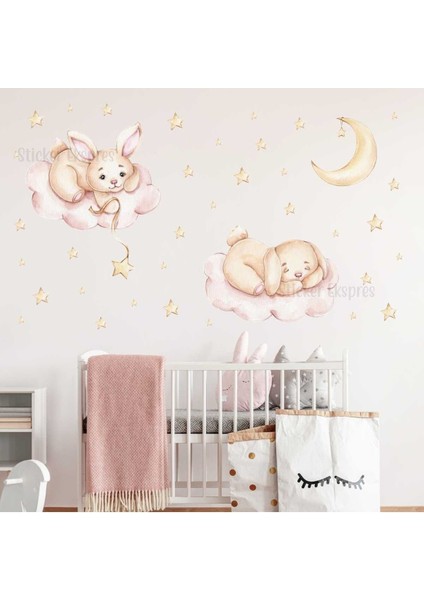 Çocuk Odası Renkli Tavşanlar Duvar Sticker Seti, 5+ Parça, Sevimli Dekorasyon