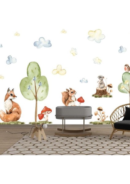 Renkli Orman Dostları Duvar Stickerı, çocuk odası dekorasyonu için neşe ve canlılık getirir