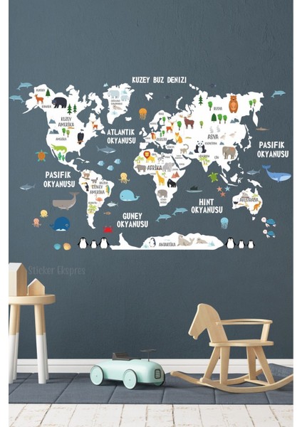 Turuncu Dünya Haritası Çocuk Odası Duvar Sticker, Eğlenceli ve Öğretici Dekorasyon, 5+ Parça