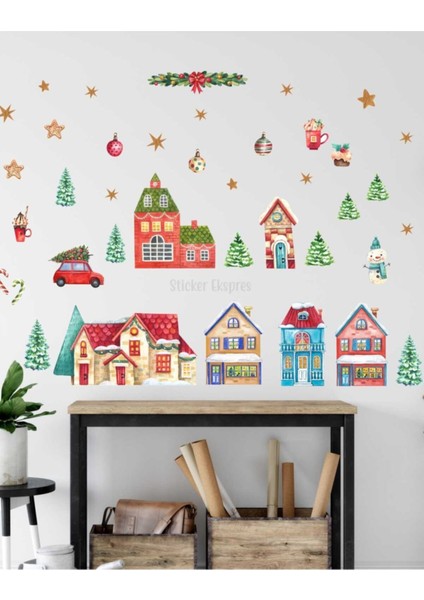 Şehir temalı cam ve kapı sticker seti, 5+ parça, renkli, yeni yıl dekoru, TR menşei