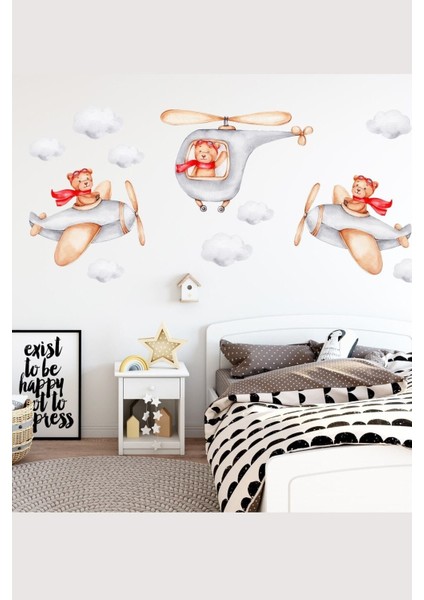 Gri ve kırmızı pilot ayıcıklar duvar sticker seti, sevimli ve şık çocuk odası dekorasyonu