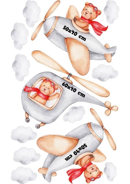 Gri ve kırmızı pilot ayıcıklar duvar sticker seti, sevimli ve şık çocuk odası dekorasyonu fiyatları