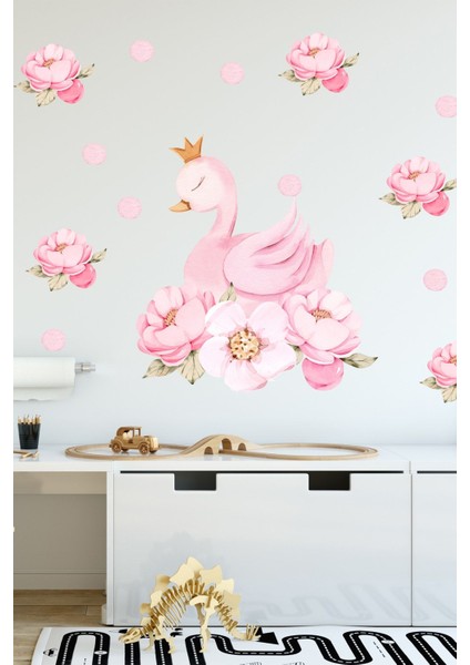 Pembe Çiçekli Kuğu ve Puantiyeler Duvar Sticker Seti, Renkli ve Şık Dekorasyon