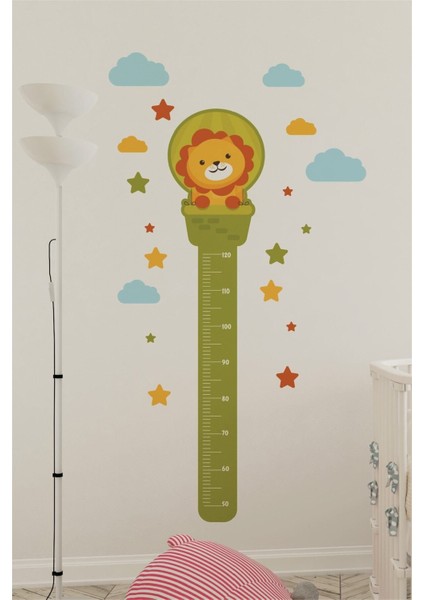 Renkli Aslan Boy Ölçer Duvar Sticker, Çocuk Odası Dekorasyonu, Yeşil Tonlu