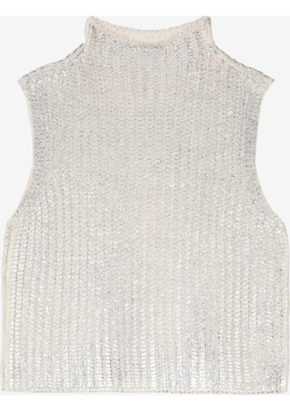 Yarım Balıkçı Yaka Crop Varaklı Ekru Kazak Kadın F4WL-KZK0615