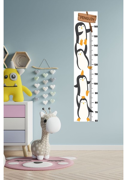 Sevimli Penguenler Boy Ölçme Duvar Sticker, Renkli ve Eğlenceli Tasarım