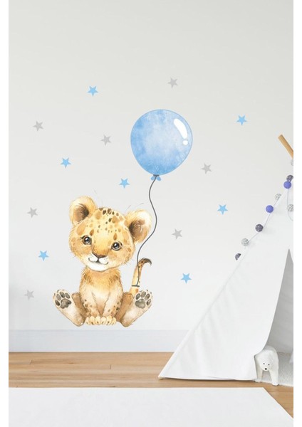 Pastel Renkli Balonlu Aslan ve Yıldızlar Çocuk Odası Duvar Sticker, 5+ Parça, Mavi