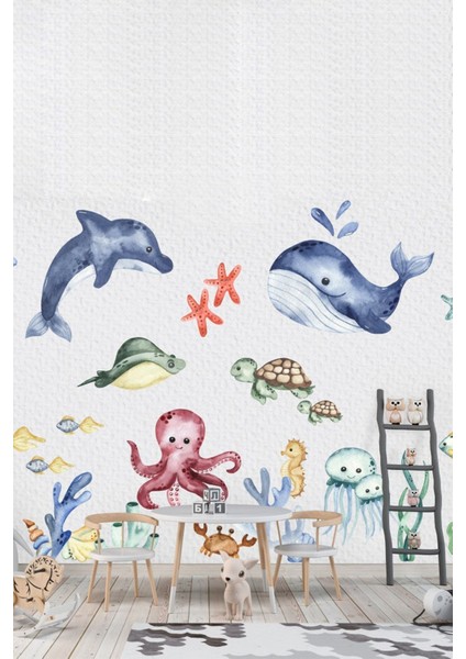 Renkli su altı dünyası deniz hayvanları duvar sticker seti, eğlenceli dekorasyon, 5+ parça