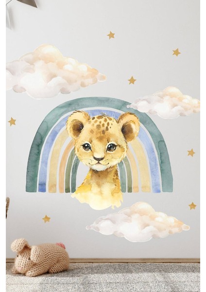 Pastel Renkli Aslan, Gökkuşağı, Bulut ve Yıldızlar Duvar Sticker Seti 5+ Parça