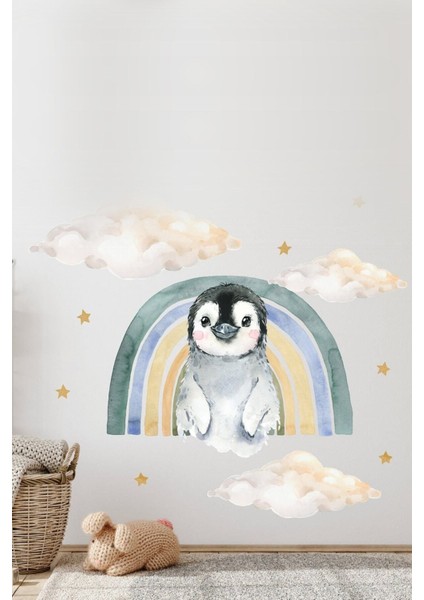 Pastel renkli penguen ve gökyüzü temalı çocuk odası duvar sticker seti, 5+ parça, mavi