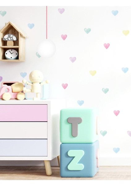 Pastel Suluboya Kalpler Duvar Sticker Seti, Renkli ve Şık Dekorasyon Aksesuarı