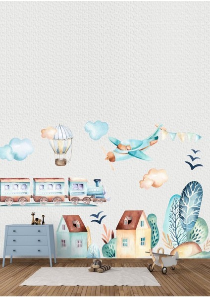 Uçak Tren ve Tatlı Evler Pastel Renk Çocuk Odası Duvar Sticker Seti