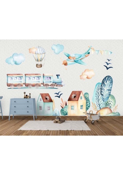 Uçak Tren ve Tatlı Evler Pastel Renk Çocuk Odası Duvar Sticker Seti fiyatları